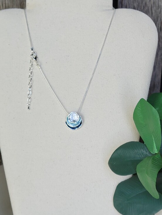 Jewelry - Silver Necklace with Layered Iridescent Blue Enamel Discs 16" + 2"